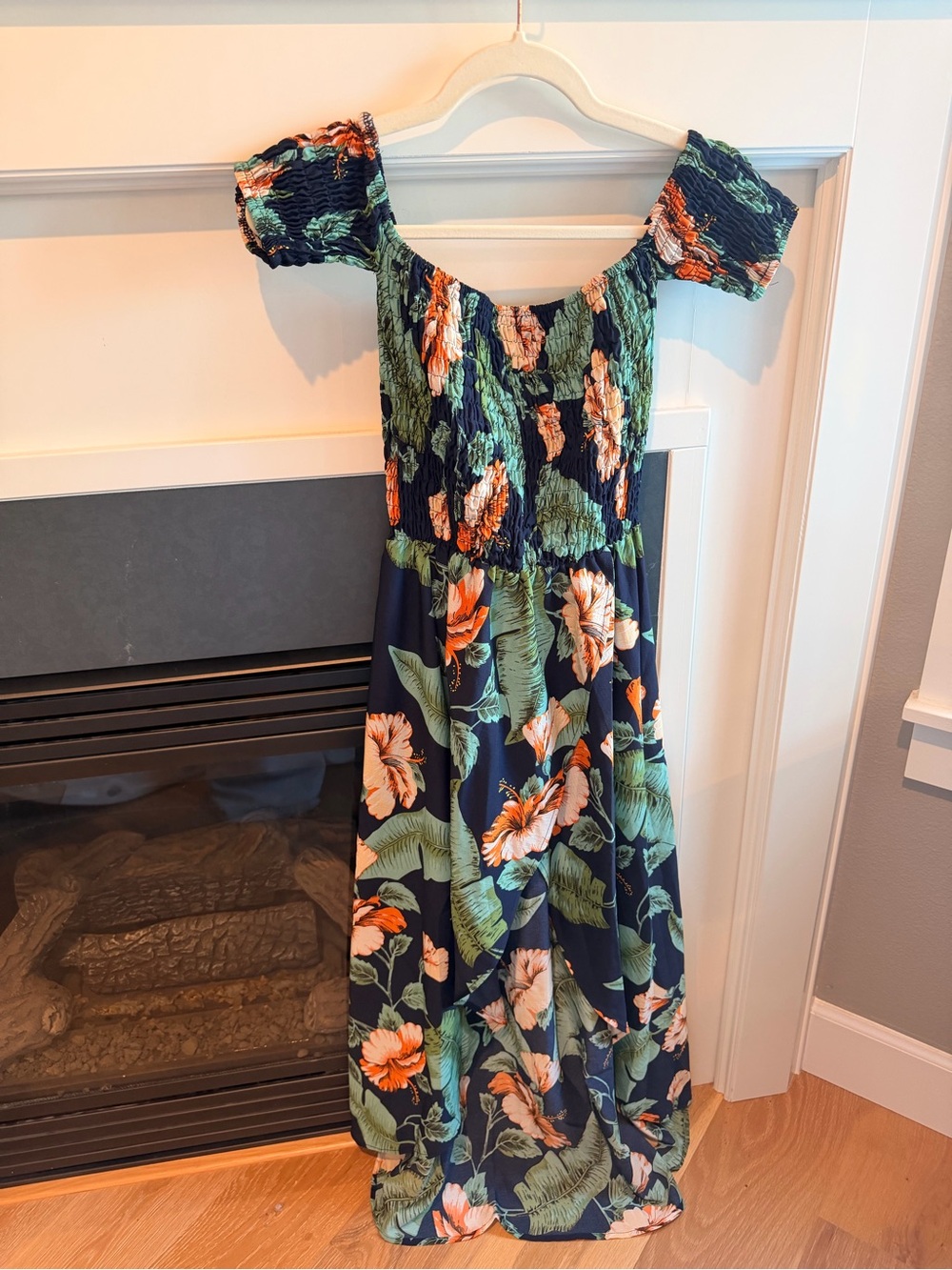 Cupshe Navy Floral Off-Shoulder High-Low Dress